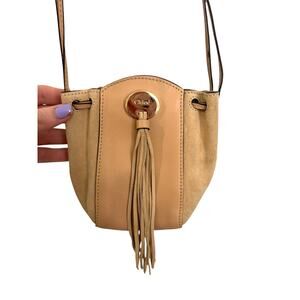 Chloe Womens Mini Sac Shoulder Bag Beige Leather Suede Fringe Tassel Crossbody